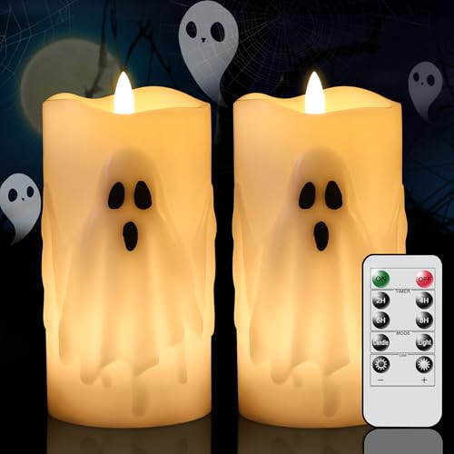 Lasumora Halloween Ghost Flameless Pillar Candles with Remote Timer, Battery Operated LED Candles for Halloween Decorations Indoor Halloween Home Decor Gifts (2 Pack, 3” x 6.5”) | Amazon (US)