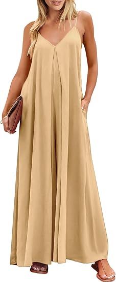 ANRABESS Women's Summer Casual Spaghetti Strap V Neck Oversized Wide Leg Jumpsuit Pockets Beach T... | Amazon (US)