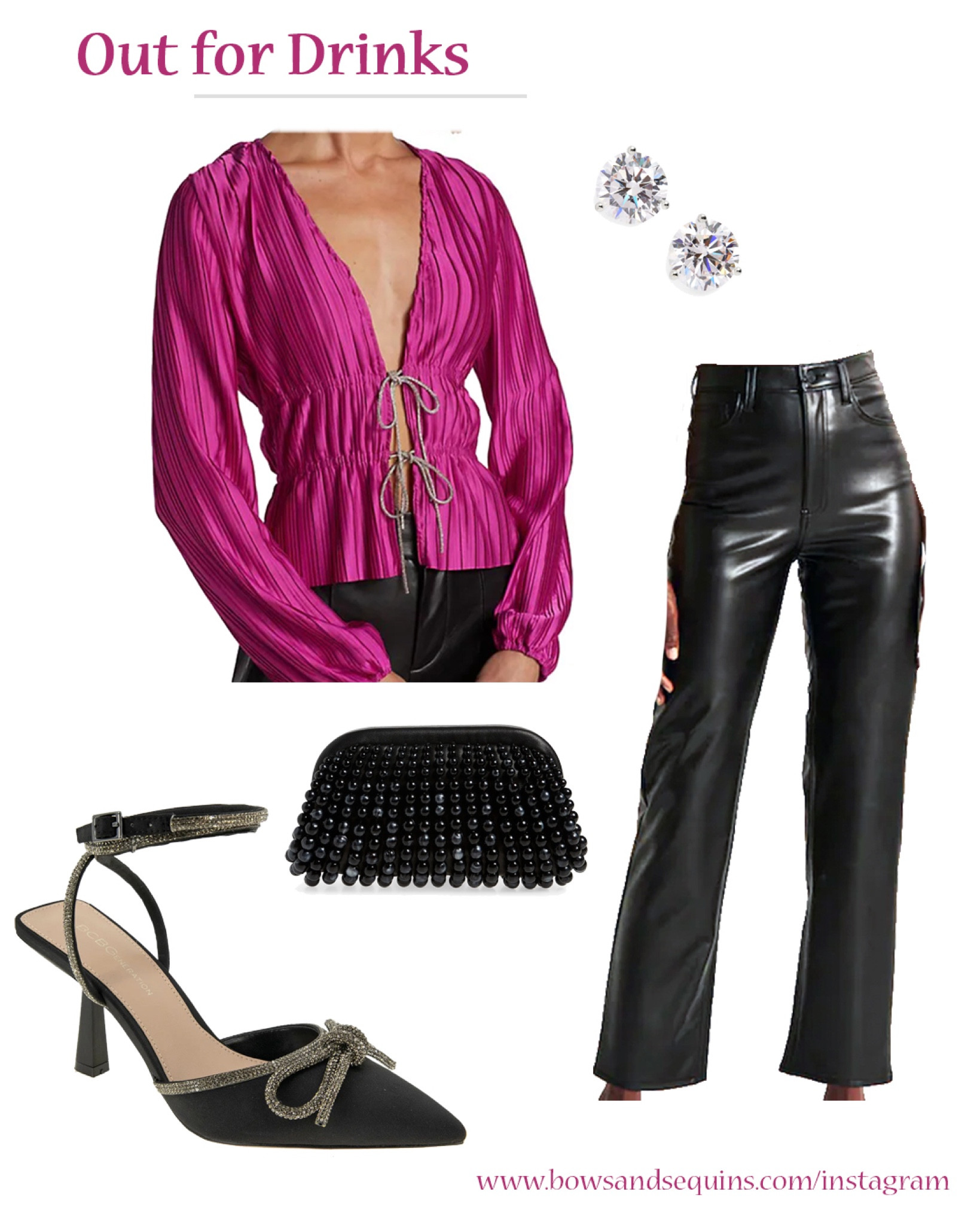 Such a cute Valentine’s Day outfit! This low cut pink silky top ties with rhinestone bows — it’s also available in both green and black. Only $108, such a great find! 

#LTKSeasonal #LTKstyletip #LTKFind