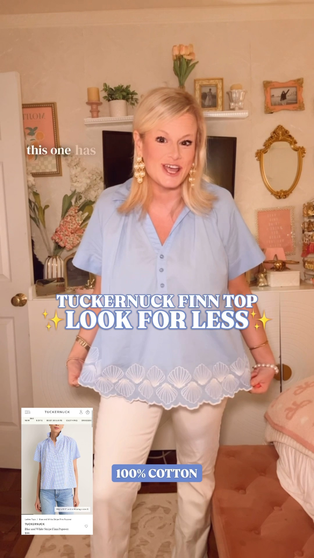 Tuckernuck Finn top look for less, embroidered cotton top, preppy style, work outfit, teacher outfit

This 100% cotton embroidered popover top has very Tuckernuck Finn energy without the Tuckernuck price tag.

The blue cotton, relaxed collar, easy button-front neckline, short sleeves, and embroidered seashell hem make it feel polished, coastal, and expensive-looking in the sweetest summer way. It is the kind of top that makes white jeans, cropped pants, denim, shorts, or a simple skirt look instantly more styled.

I’m in a medium. It runs relaxed and generous, so if you’re between sizes, I’d go down. There is also a strawberry option if you want the same easy shape with a more playful summer print.

This is such a good piece for work outfits, teacher outfits, casual office outfits, lunch dates, brunch, church, vacation outfits, beach trips, coastal summer style, school pickup, and everyday preppy outfits. 

Lightweight, breathable, machine washable, and wearable for warm weather. 

If you’re searching for Tuckernuck Finn top look for less, Tuckernuck inspired top, embroidered cotton top, preppy top women, blue popover top, cotton blouse women, work outfit women, teacher outfit, summer work outfit, casual office outfit, coastal style women, beach vacation outfit, white jeans outfit, preppy summer outfit, embroidered top women, seashell top, strawberry top, designer look for less, affordable preppy style, or polished summer tops, this one is a very good find.

#LTKFindsUnder50 #PreppyStyle #Tuckernuck #LookForLess #TeacherOutfit #SummerOutfit

#LTKSaleAlert #LTKWorkwear #LTKOver40