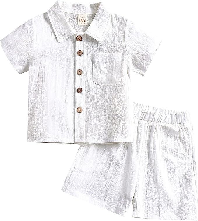 Amazon.com: Toddler Baby Boys Clothes Set Button-down Shirt Tops + Cotton Linen Shorts Summer Out... | Amazon (US)