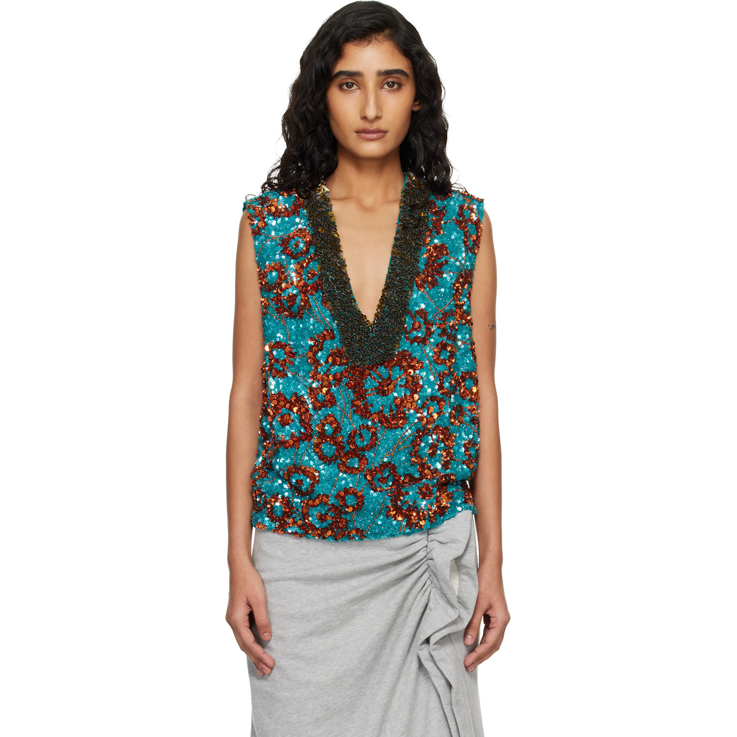 Dries Van Noten Blue & Orange Sequinned Top | SSENSE