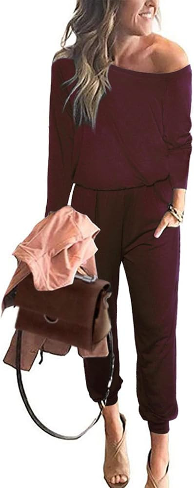 PRETTYGARDEN Women's Casual Long Sleeve Jumpsuit Crewneck One Off Shoulder Elastic Waist Stretchy... | Amazon (US)