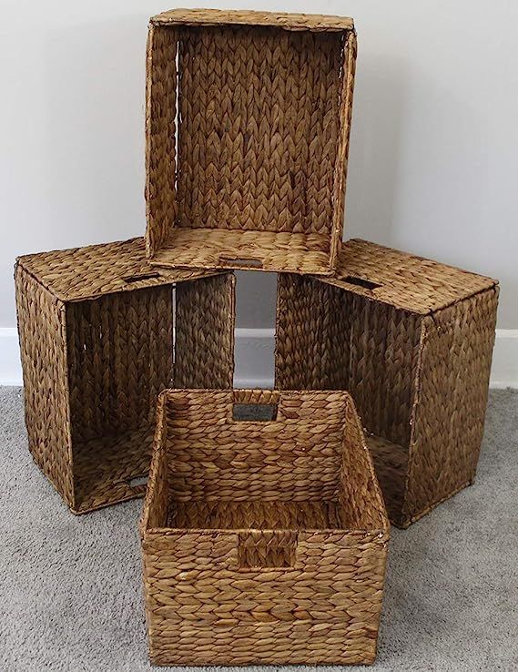 eHemco Rectangular Hand-Woven Foldable Water Hyacinth Storage Baskets with Iron Wire Frame- Set o... | Amazon (US)