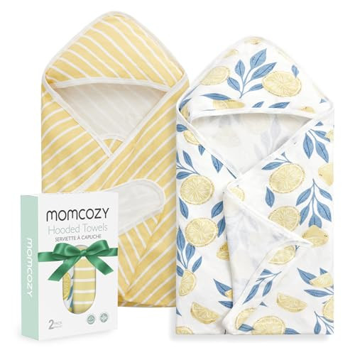 Momcozy Baby Hooded Towel, 2 Pack Baby Towel Set, Super Soft Bath Towel with Original Design, Shower Gifts for Infant, Toddler (28 X 28 Inch, Lemon Leaves) | Amazon (US)
