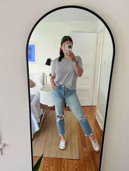 Classic “it’s still warm” Saturday fall ootd: comfy jeans (unsure if the Tomcats are still in stock so have linked similar), Chucks, and white & black striped tshirt. Similars linked from Madewell  

#LTKxMadewell #LTKsalealert #LTKstyletip