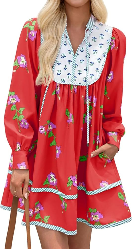 Wenrine Womens Casual Floral Mini Dress 2025 Fall Long Sleeve V Neck Patchwork Loose Boho Shirt D... | Amazon (US)