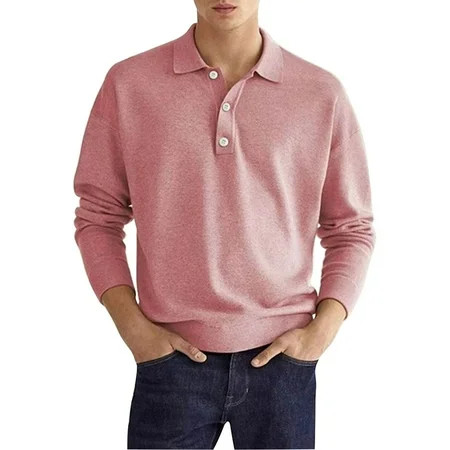 Pink Polo Shirts for Men s Spring Long Sleeved V Neck Button Solid Casual Top Shirt Tank Tops Men | Walmart (US)