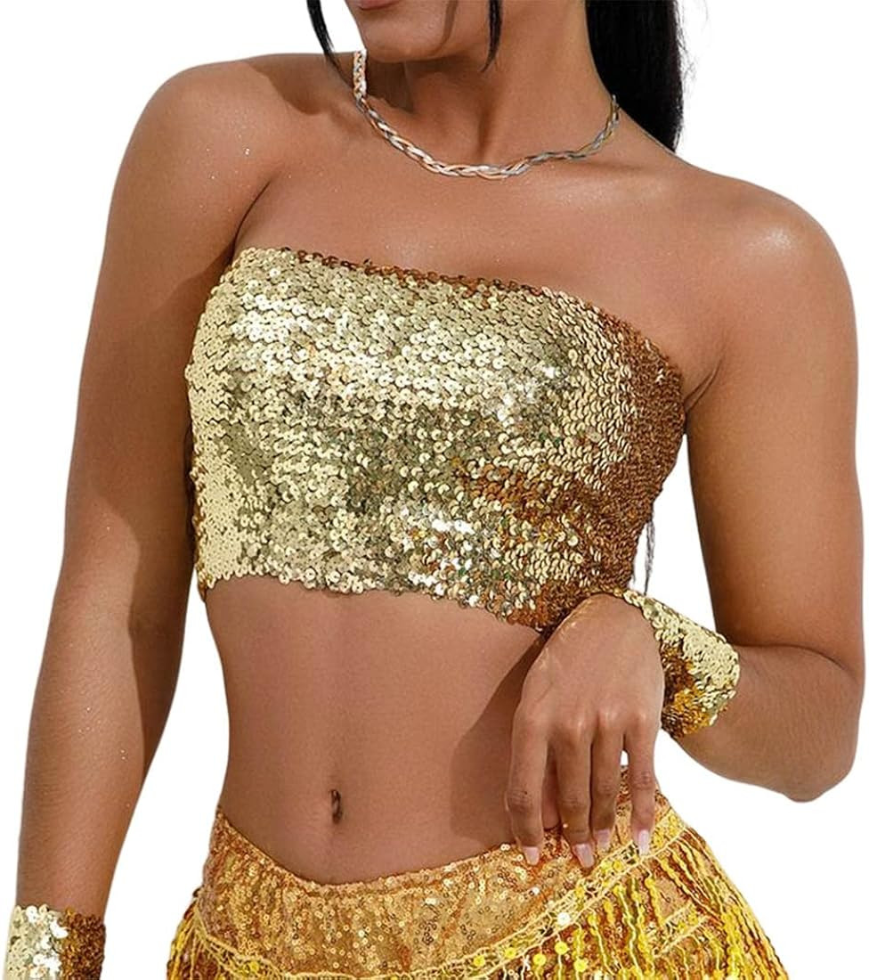 Kakaco Sequins Tube Top Stretch Bandeau Strapless Sequin Crop Top Party Club Wear Bra Top for Wom... | Amazon (US)
