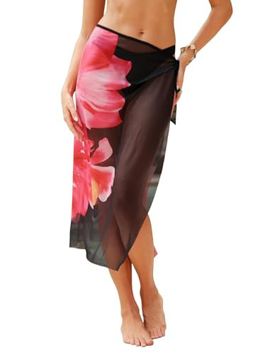 ZAFUL Womens Sarong Swimsuit Cover Up Beach Floral Sheer Bathing Suit Coverups High Slit Bikini Wrap Skirt Vaction Clothes Summer 2026 Pink Black Small | Amazon (US)