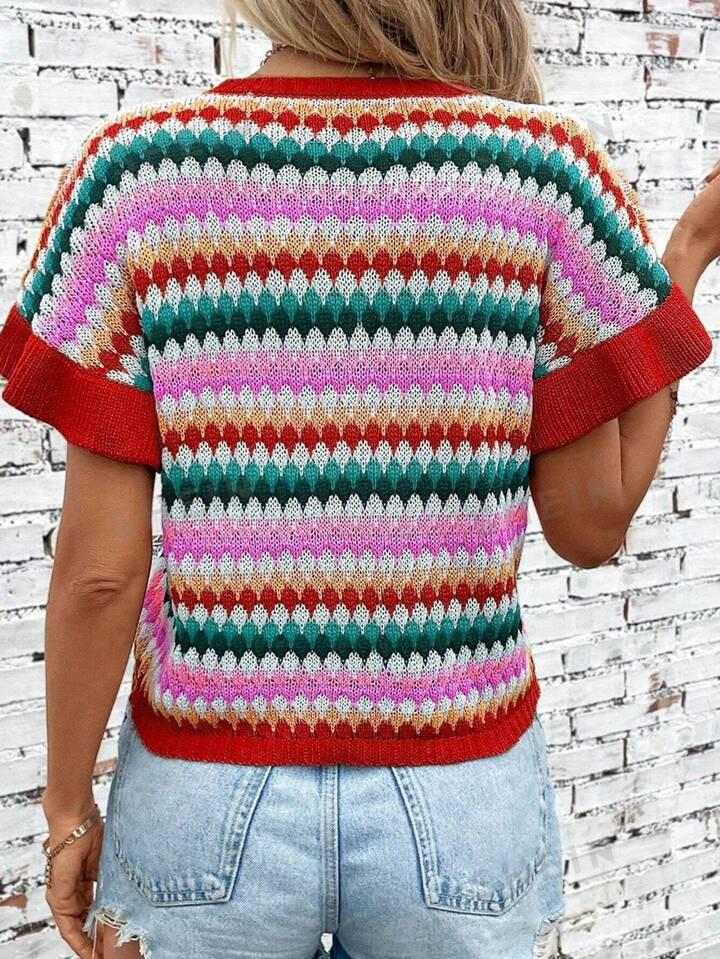 Trimmed Ruffle Sleeve Colorful Textured Sweater | SHEIN