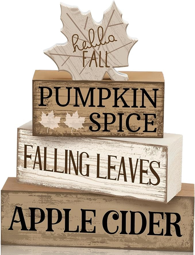 Moucuny 4 Pcs Neutral Fall Table Decor for Home Maple Leaf Wooden Blocks | Thanksgiving Tiered Tr... | Amazon (US)