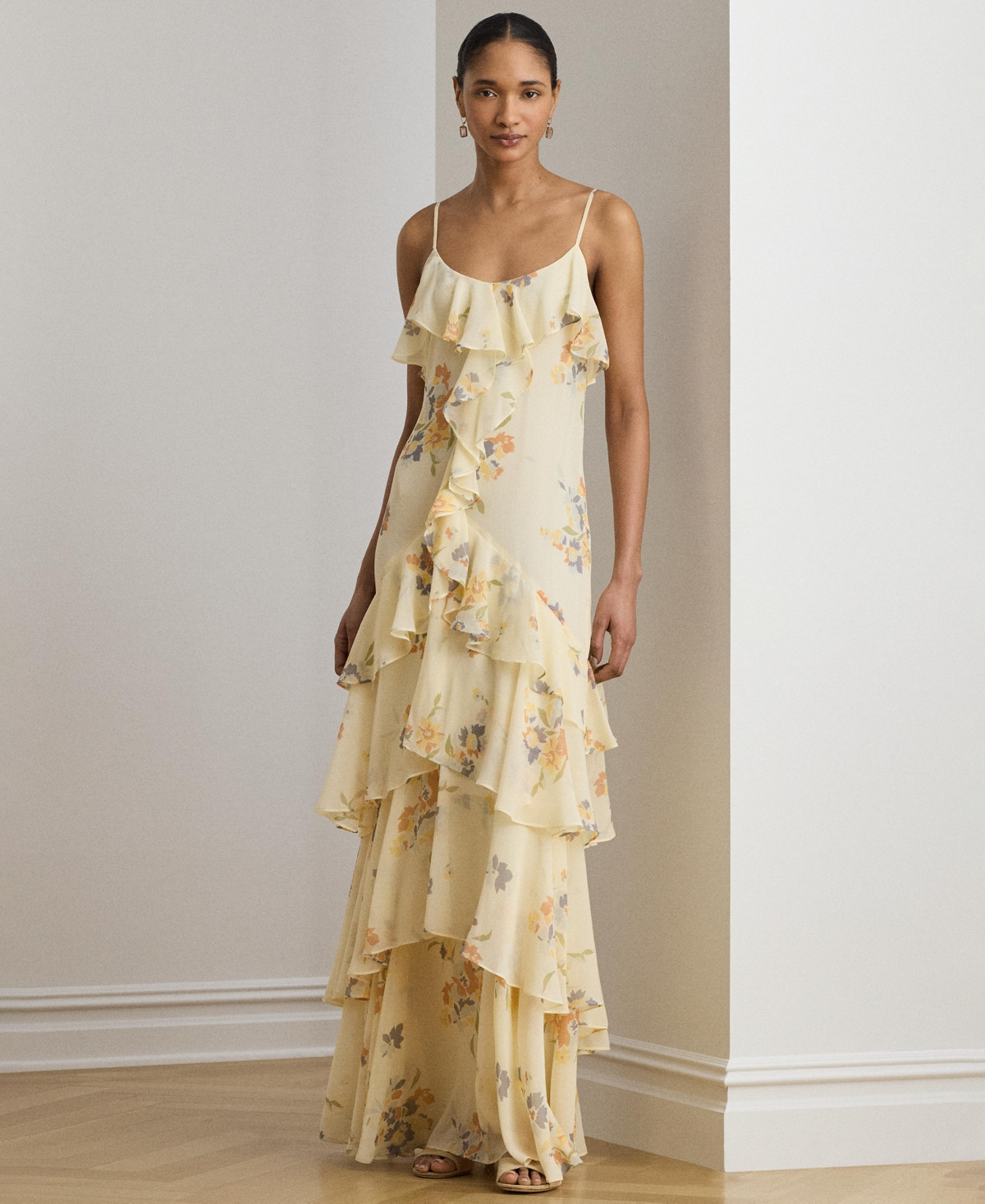 Lauren Ralph Lauren Floral Ruffle-Trim Georgette Gown - Cream Multi | Macy's