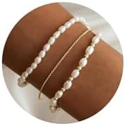 Pearl Bracelets for Women, 14k Gold Plated Dainty Beaded Bracelets Stack Link Chain Charm Bracele... | Amazon (US)