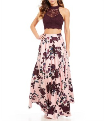 Jodi Kristopher Mock Neck Lace Top with Floral Skirt Two-Piece Dress