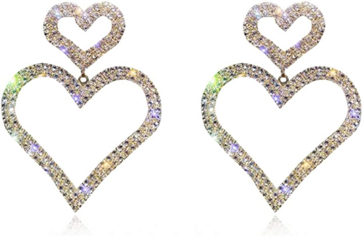 Just Follow Big Hollow Love Heart Long Dangle Earring for Women Girls Shiny Crystal Sterling Silv... | Amazon (US)