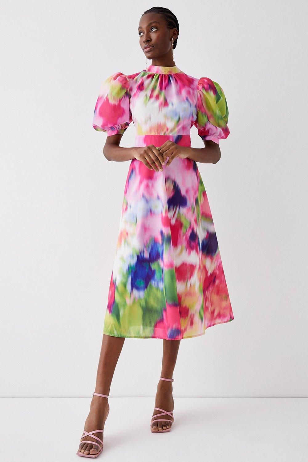 Blurred Floral Puff Sleeve Cutout Back Midi Dress | Coast UK & IE