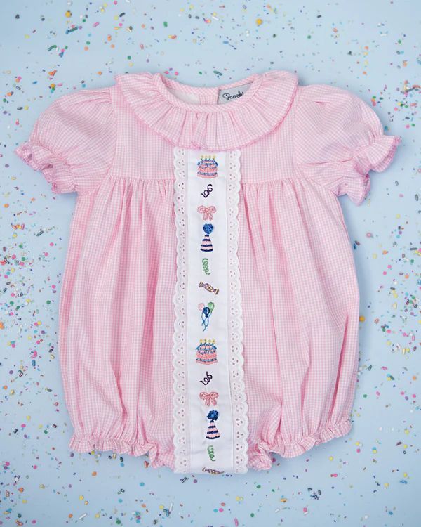 Party Time Hand Embroidered Pink Gingham Bubble | Smockingbird Kids