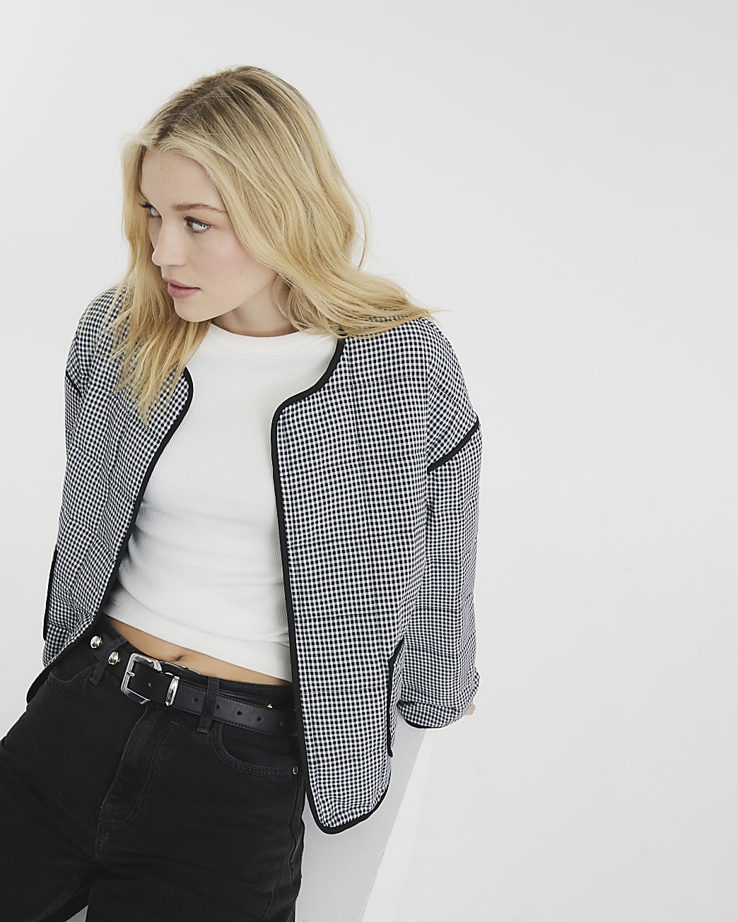 Black Long Sleeve Quilted Gingham Jacket | River Island UK & IE
