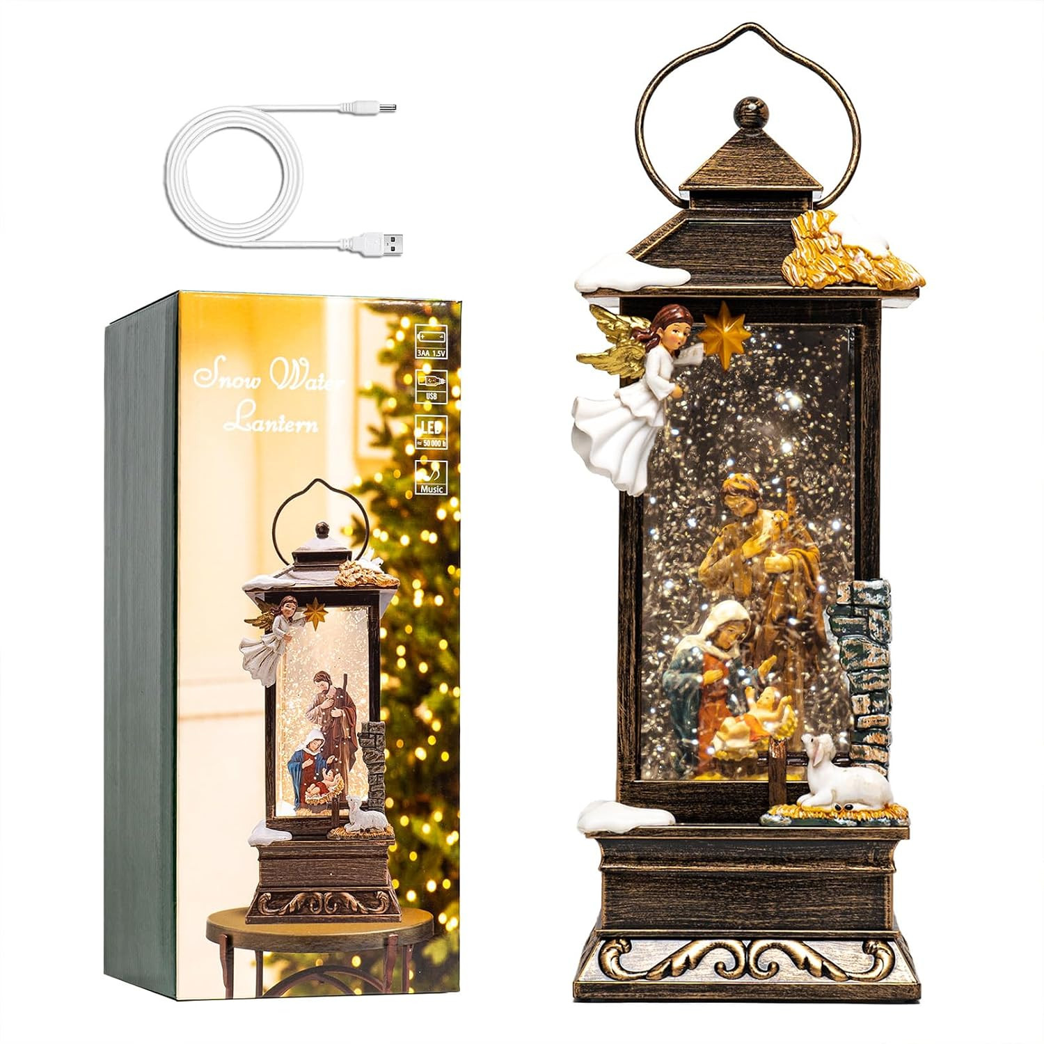 12" Christmas Snow Globe Lantern with Nativity and Angel - Water Glitter LED Light Musical Lantern with Exterior Decor - Vintage Xmas Gifts - USB Plug or Battery Operated Home Decor(Angel & Nativity) | Amazon (US)
