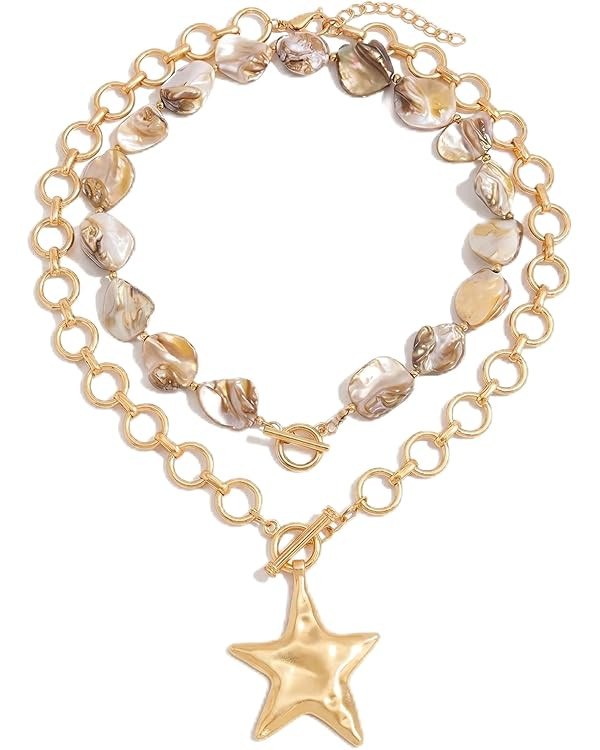Kigeli 2 Pcs Chunky Star Shell Necklace for Women Layered Seashell Stars Necklaces Gold Large Sta... | Amazon (US)