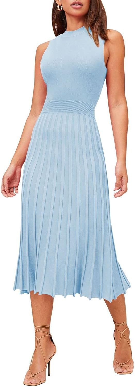 Pink Queen Women's Crew Neck Sleeveless High Waisted Bodycon Pleated Ribbed Swing Knit Midi Dress... | Amazon (US)
