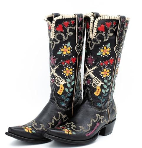 XEYANFYS Women's Cowboy Embroidery Floral Western Boots Cowgirl Boots Square Toe Chunky Low Heels Handmade Rivets Western Cowboy Knee High Boots Pull on Vintage Wide Calf Boots, 9.5, Black | Amazon (US)