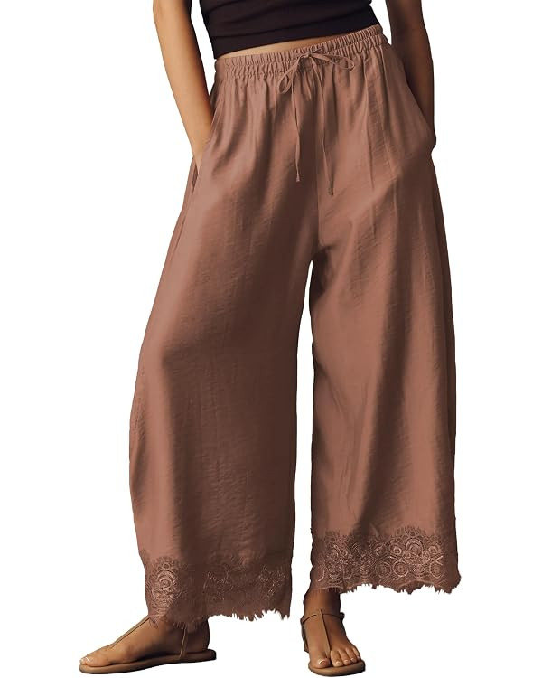 Women Cropped Lace Hem Pants Casual Drawstring Elastic High Waisted Trousers Summer Beach Flowy P... | Amazon (US)