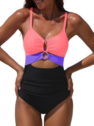 popvil One Piece Swimsuit for Women 2026 Sexy Neon Swim Suits Cut Out Tummy Control Bathing Suit Braid Color Block Swimwear, Orange, Large | Amazon (US)