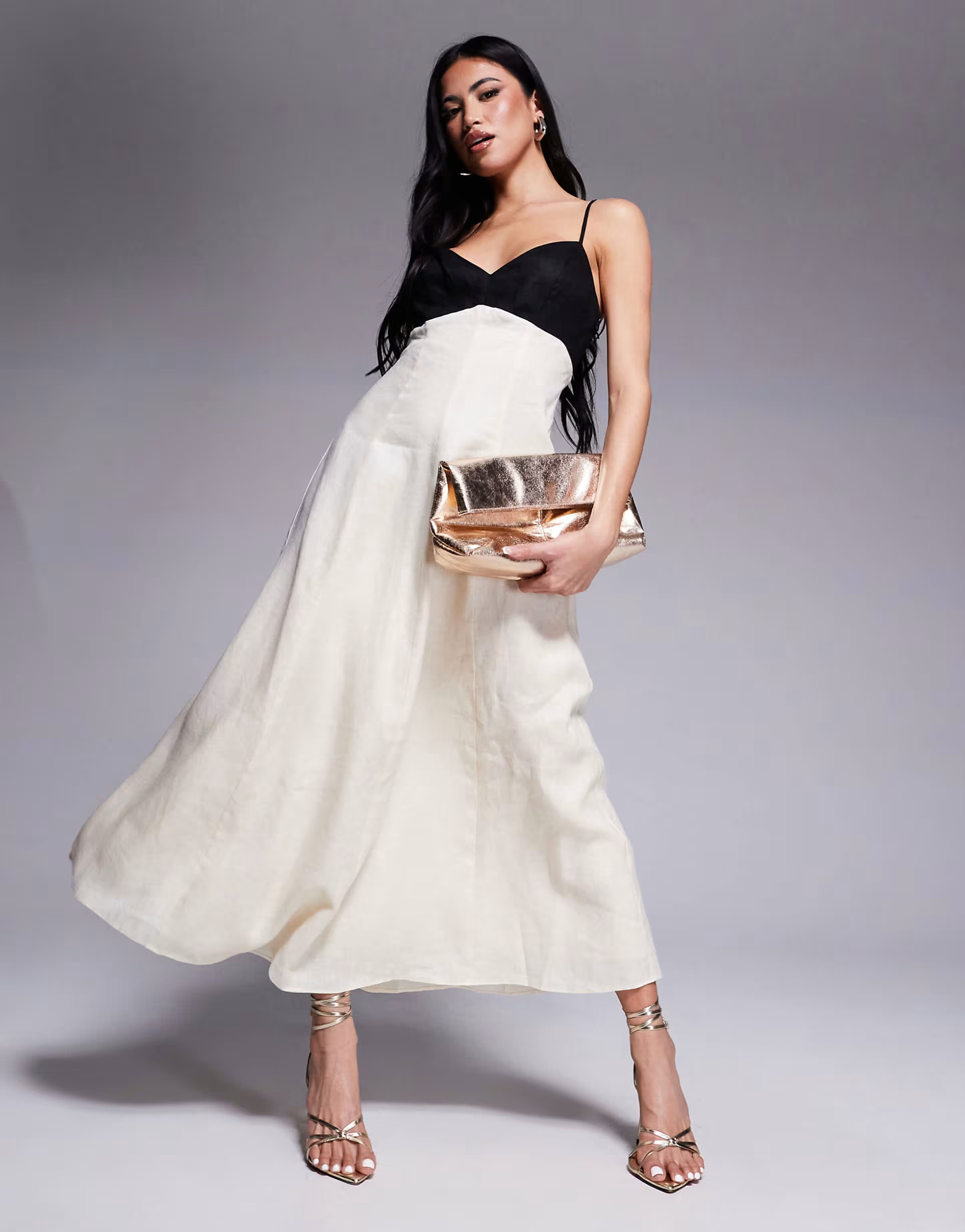 Ever New contrast linen midaxi dress in black and cream | ASOS (Global)