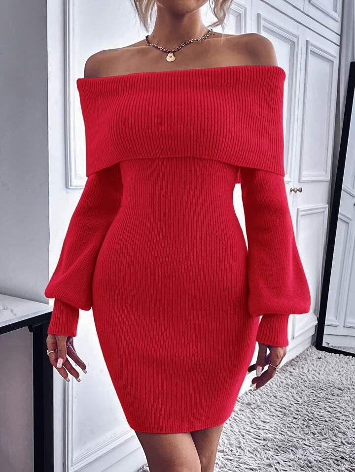 SHEIN Essnce Women'S Solid Color Off Shoulder Lantern Sleeve Slim Fit Sweater Dress | SHEIN