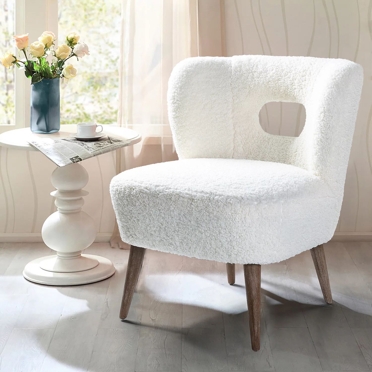 14 Karat Home Sherpa Wingback Chair with Open Back & Wooden Legs, Upholstered Lamb Armless Slippe... | Walmart (US)