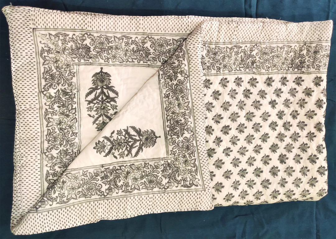 Reversible grey Jaipuri Razai, Hand Block Printed Kantha Quilt, Floral Lightweight Soft Quilt, 10... | Etsy (US)