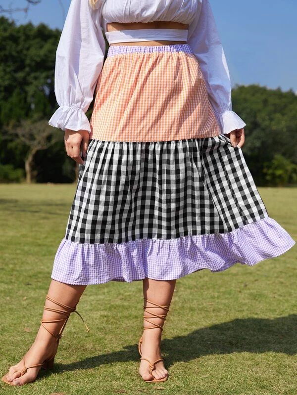 Plus Gingham Spliced Ruffle Hem Skirt | SHEIN