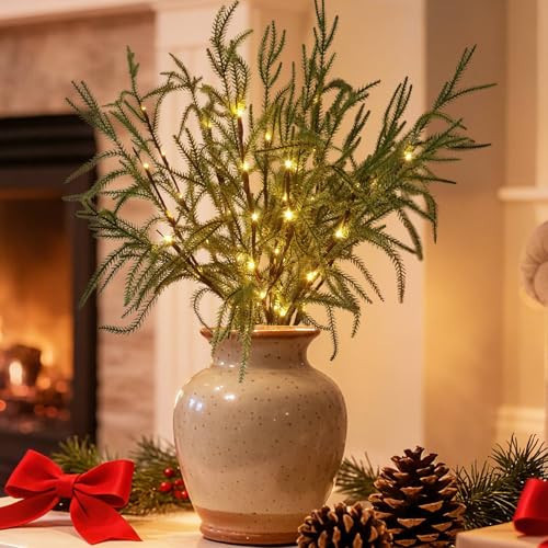 3PCS Lighted Christmas Norfolk Pine Branches Lights with Timer, Battery Operated Christmas Lights Decorations, 34IN 60pcs LEDs Artificial Pine Stems for Vase Xmas DIY Living Room Mantle Porch Decor | Amazon (US)