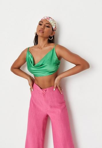 Green Satin Cowl Neck Crop Top | Missguided (US & CA)