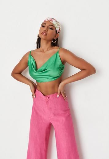 Green Satin Cowl Neck Crop Top | Missguided (US & CA)