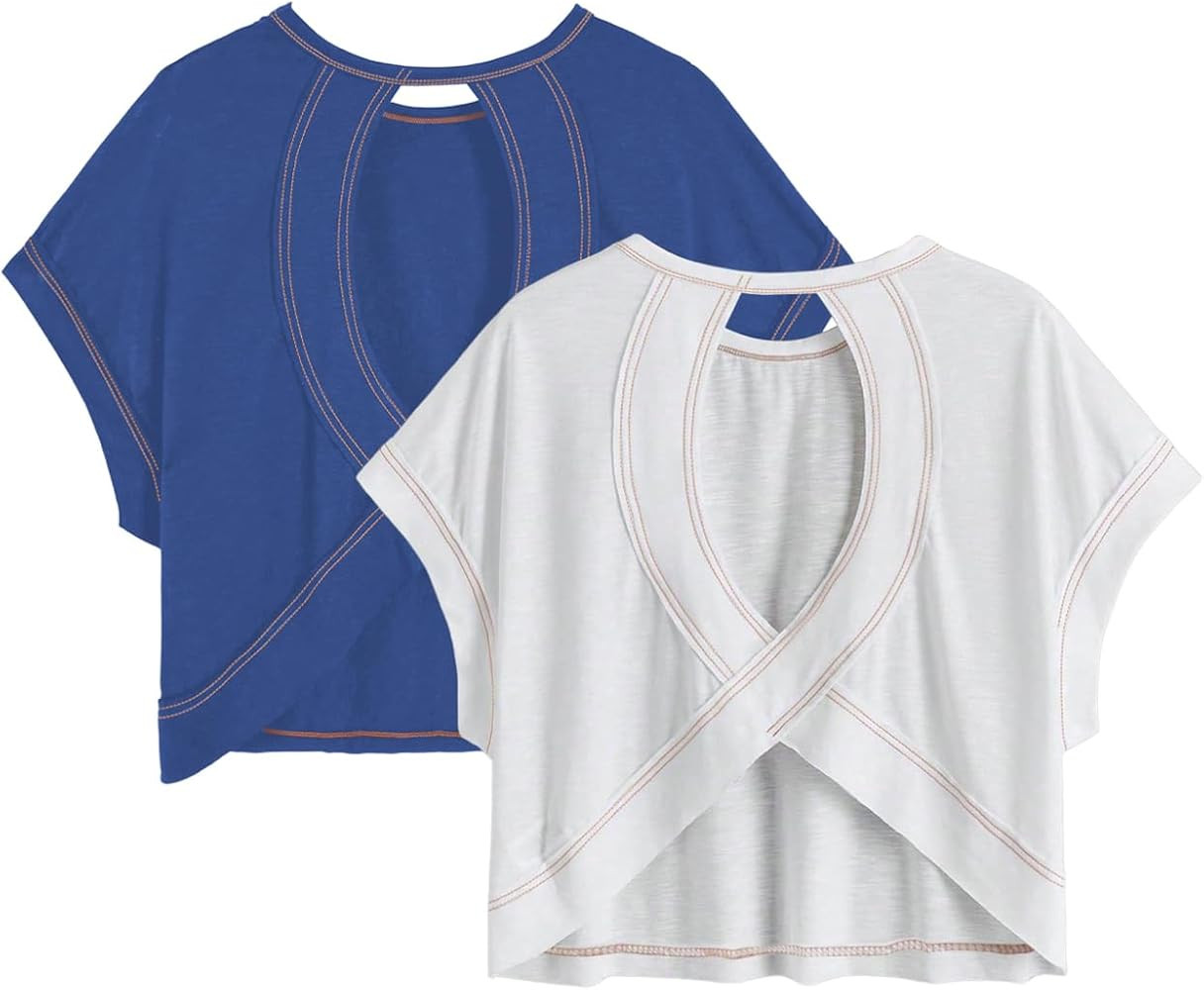 RoseSeek Girl's 2 Packs Open Back Backless Tops Criss Cross Short Sleeve T Shirts Crewneck Casual... | Amazon (US)