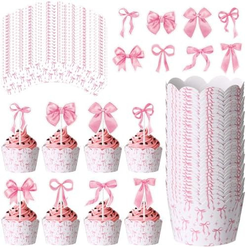 96 Pcs Pink Bow Cupcake Toppers and Wrappers Coquette Bow Cake Decorations Coquette Cupcake Picks... | Amazon (US)