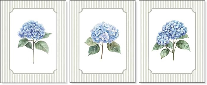 Pleonox Blue Hydrangea Floral Striped Wall Art Prints 8x10 Inch Set of 3, Cottagecore Blue Hydran... | Amazon (US)