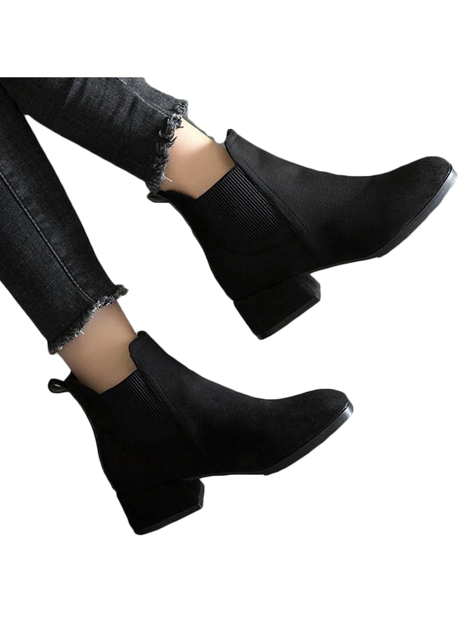 Women's Suede Chelsea Ankle Boots Casual Low Block Heel Slip On Shoes | Walmart (US)