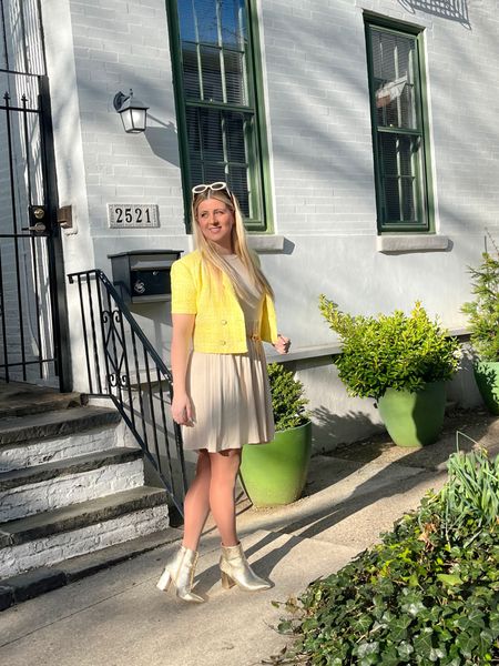Spring old money outfit. Yellow tweed jackets and pleated dresses. 

#LTKSeasonal #LTKstyletip
