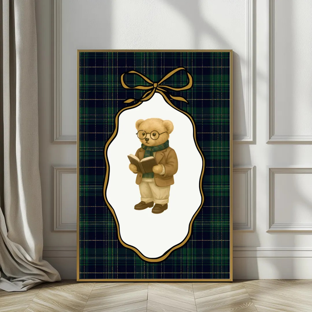 Book Club Bear Reading Wall Art, Preppy Plaid Teddy Bear Print, Vintage Watercolor Nursery Decor,... | Etsy (US)