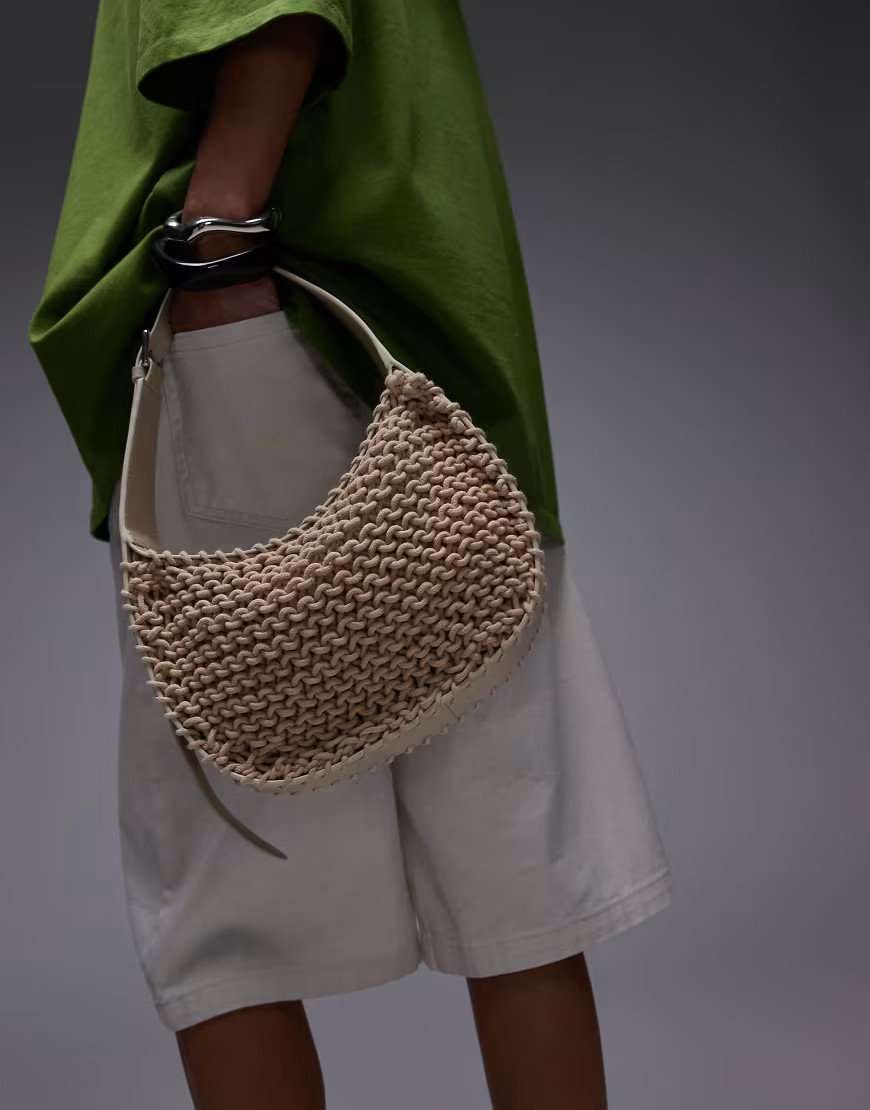 Topshop Gracia crochet & leather bag with buckle strap in natural-Neutral | ASOS (Global)