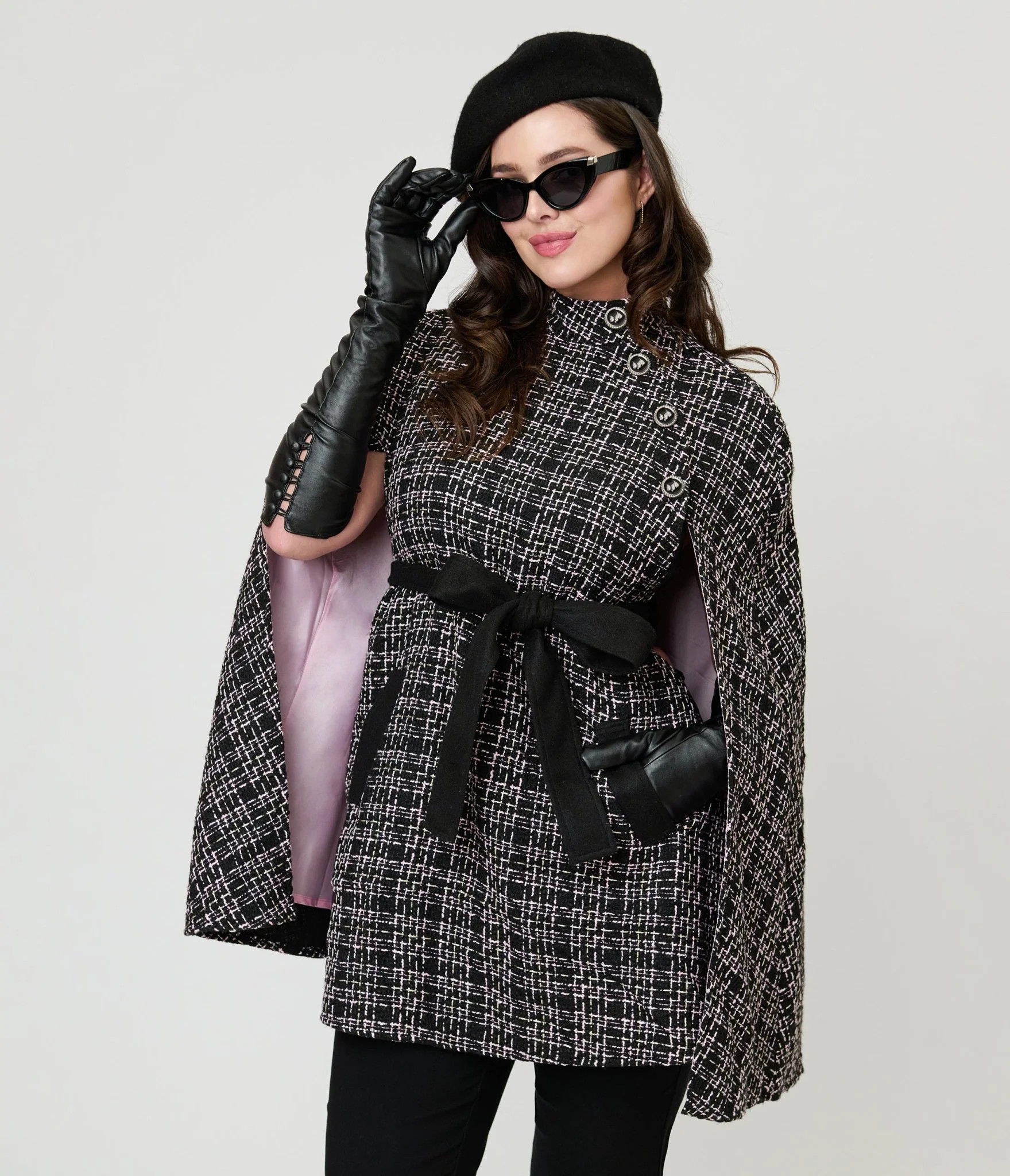 Smak Parlour Black Tweed Plaid Savile Row Cape Coat | UniqueVintage