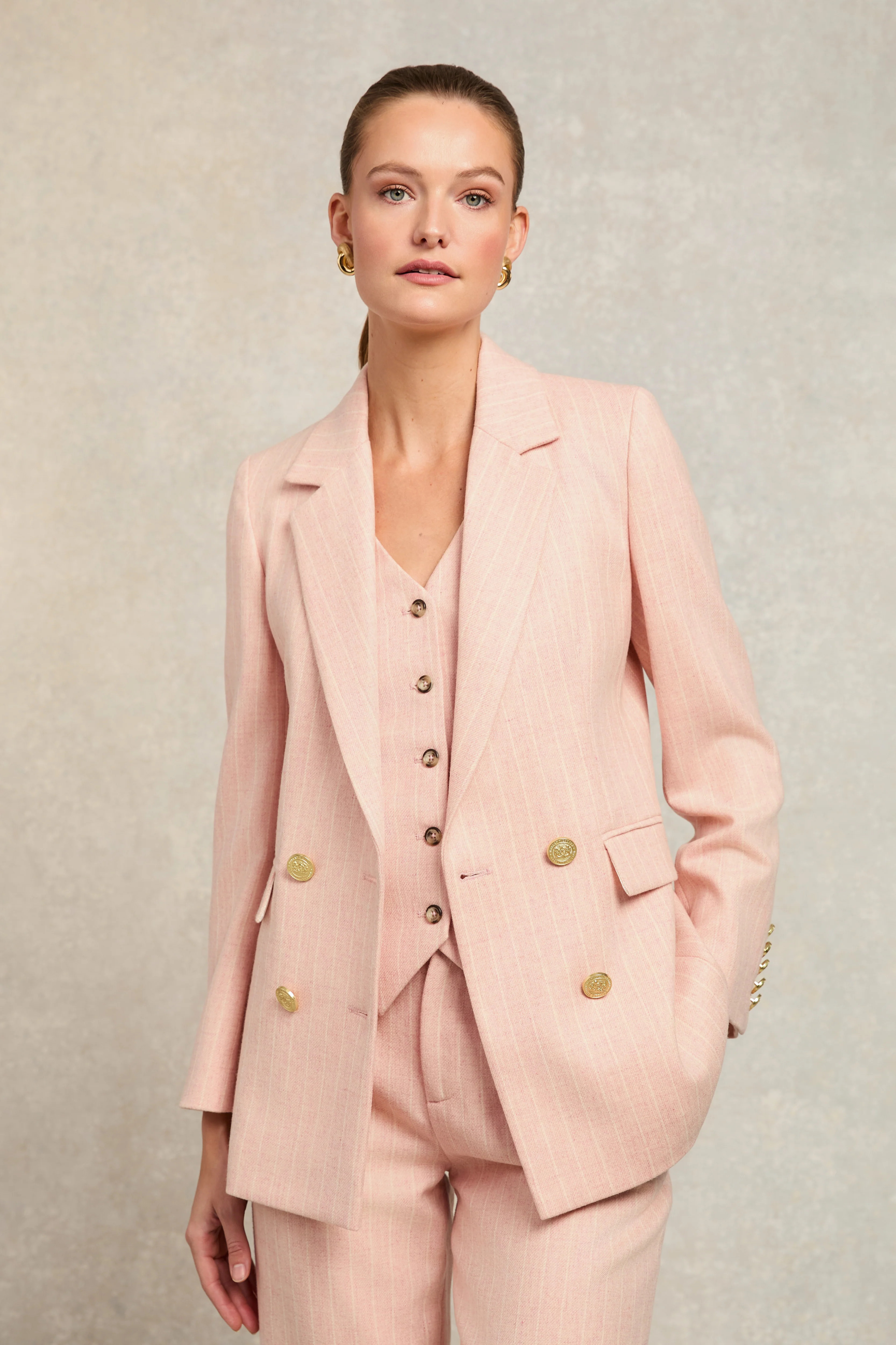 Double Breasted Blazer (Pink Chalk Pinstripe) | Holland Cooper