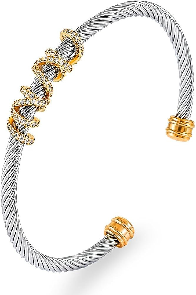 Stainless Steel Cable Wire Open Cuff Adjustable Size Bangle Zircon inlaid Bracelet | Amazon (US)