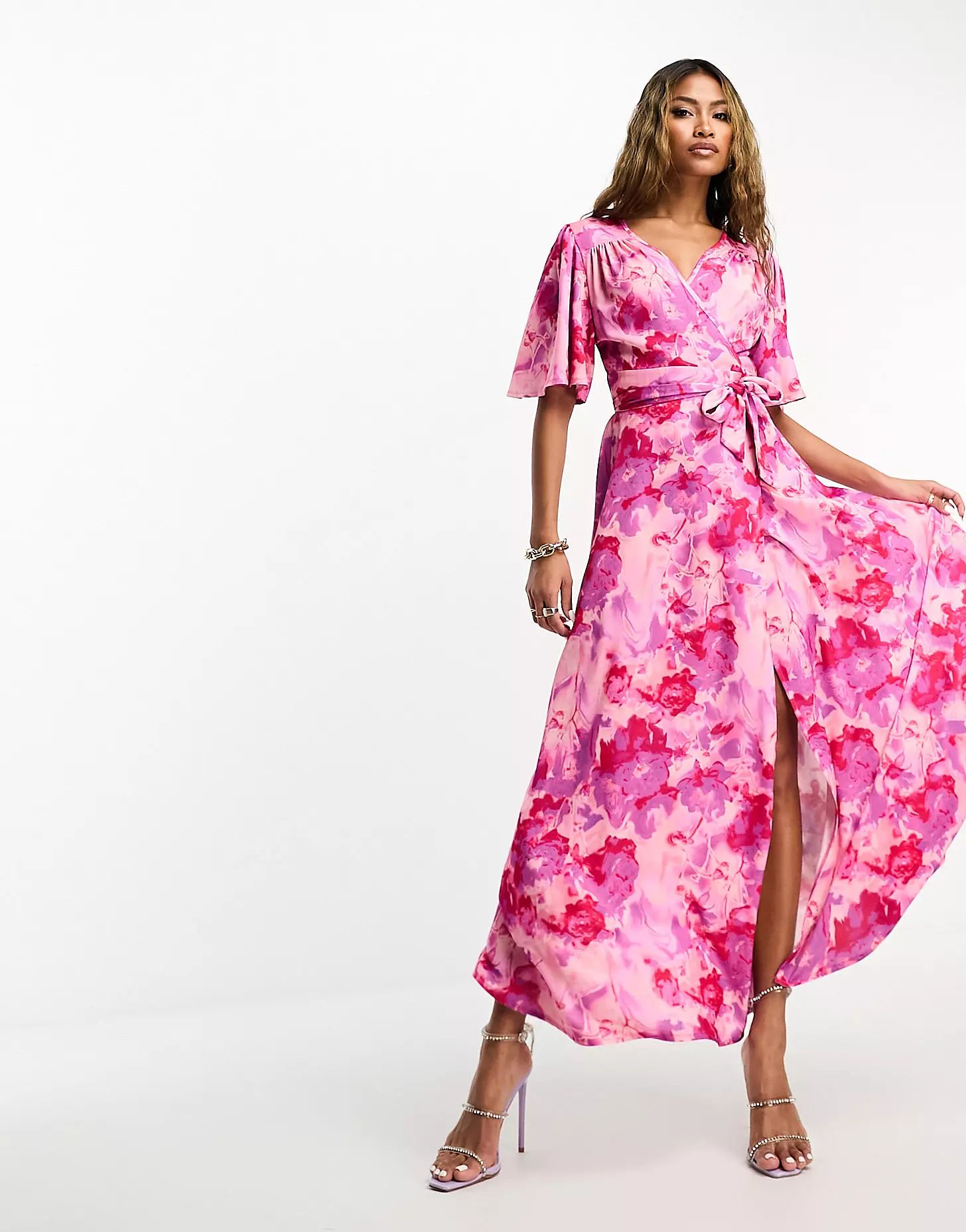 Flounce London flutter sleeve satin wrap maxi dress in pink print | ASOS (Global)