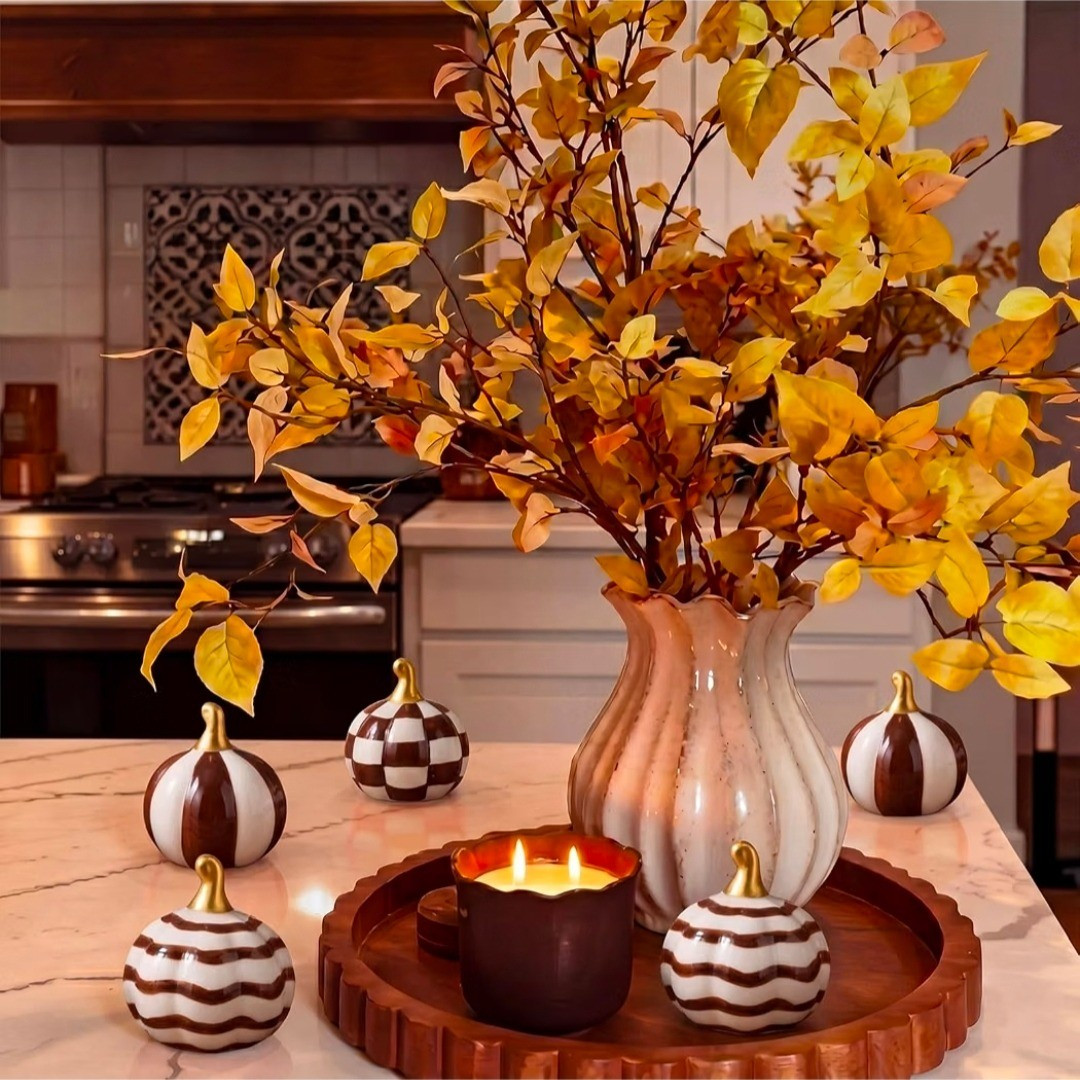 Fall, home decor inspo, get the look, kitchen decor, candle, wooden tray, pumpkins, glass, porcelain, fall leaves, orange #homedecor #falldecor

#LTKHome #LTKSeasonal
