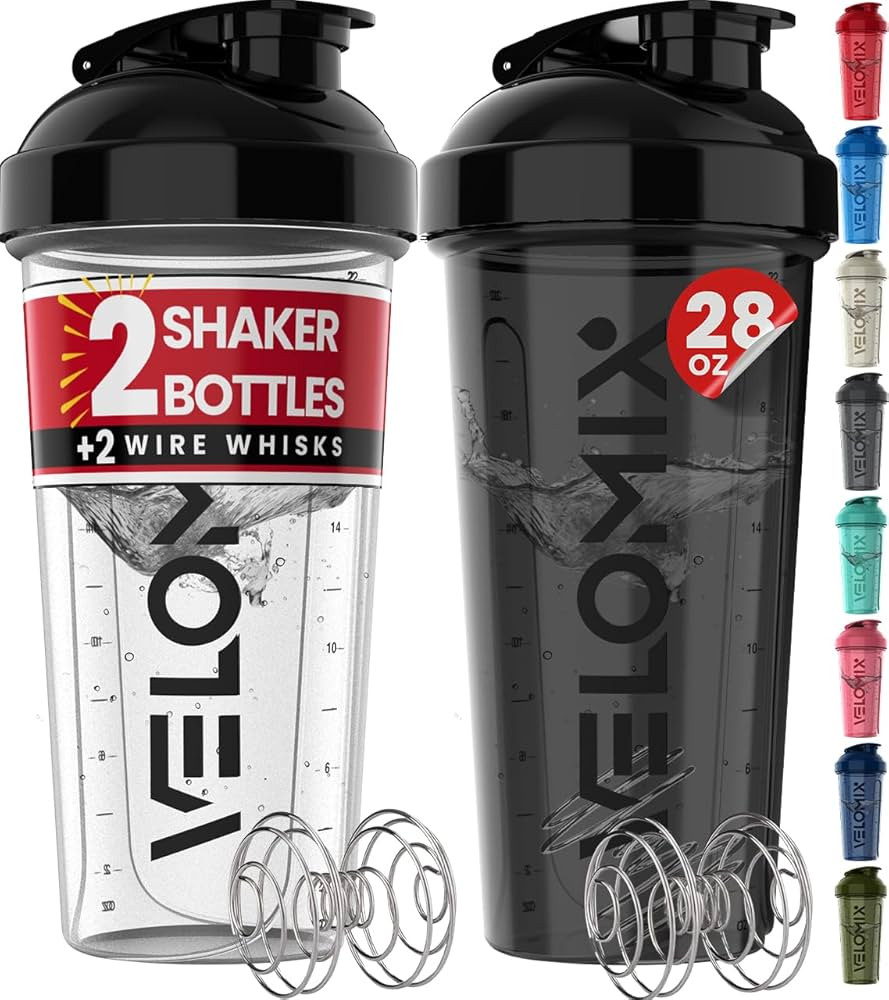 VELOMIX -2 Pack- 28 oz Protein Shaker Bottles for Protein Mixes - 2x Wire Whisk | Leak Proof Shak... | Amazon (US)
